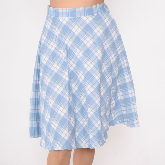Plaid Midi Skirt 80s Sky Blue Checkered Skirt Pleated Retro Preppy Secretary Skirt High Waisted White Tartan Skirt Vintage 1980s Small 28