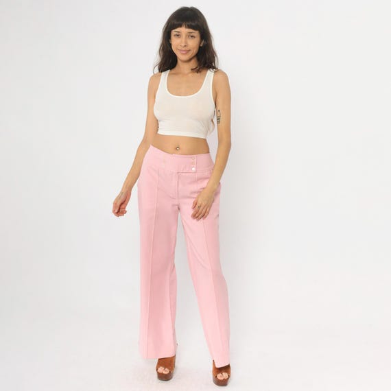 70s Pink Bell Bottoms High Waisted Wide Leg Pants Button Front Flare Disco Era Vintage Groovy Hippie Dance Floor Power Small S