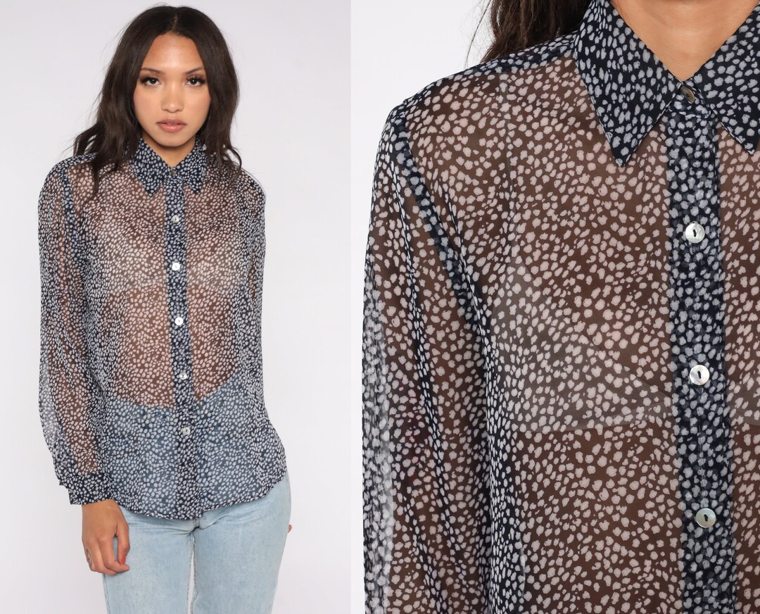 Sheer Chiffon Shirt Y2K Black White Confetti Print Button up Shirt