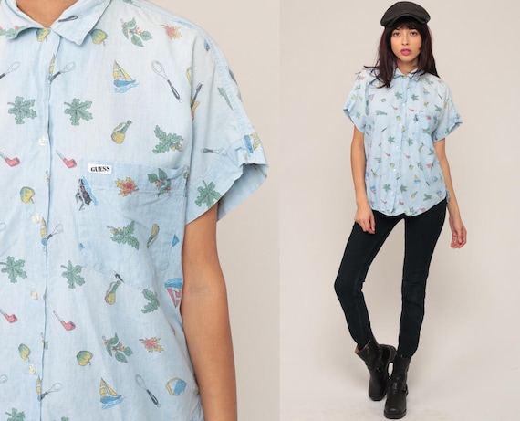 Guess Shirt 90s GUITAR Shirt Cactus Pipe Sailboat Button Up Blouse GEORGES MARCIANO Novelty Short Sleeve 1990s Vintage Blue Extra Large xl