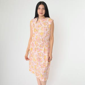 60s Mod Floral Dress Vintage Pink Yellow Day Dress 1960s Sundress Midi Garden Party Sun Dress Pin Up High Waist Sleeveless Retro Medium 8