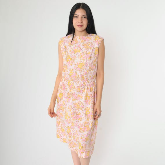 60s Mod Floral Dress Vintage Pink Yellow Day Dress 1960s Sundress Midi Garden Party Sun Dress Pin Up High Waist Sleeveless Retro Medium 8
