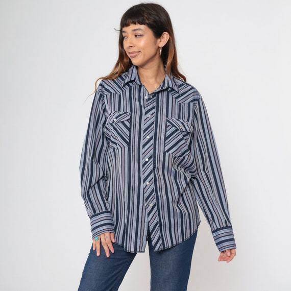 Striped Western Shirt 90s Wrangler Pearl Snap Shirt Button Up Cowboy Rodeo Long Sleeve Navy Blue Red Vintage 1990s Men's Large