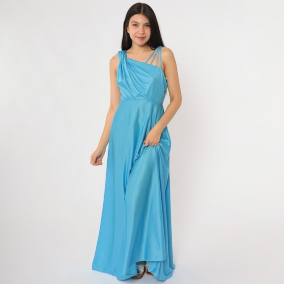 70s Evening Dress Disco Queen One Shoulder Blue Satin Maxi Gown Draped Bodice Detail Floor Length Vintage Formal Prom Partywear Small S