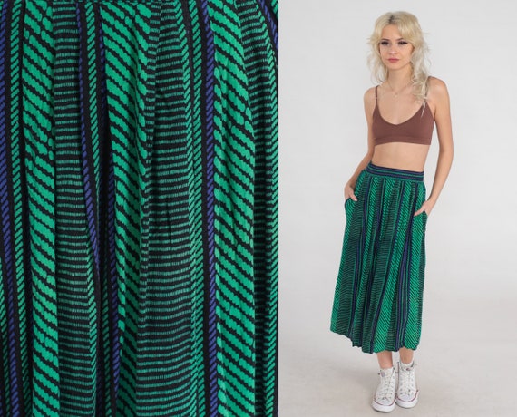 Jordache Skirt 90s Green Striped Midi Skirt High Elastic Waist Pattern Pocket Retro Summer Festival Black Blue Vintage 1990s Extra Small xs