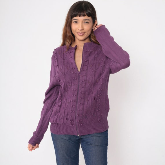 Pointelle Knit Cardigan 90s Sheer Zip Up Sweater 1990s Popcorn Bobble Knit Ribbed Botanical Leaf Design Vintage Retro Medium 38