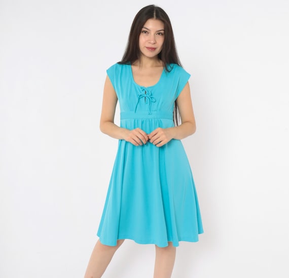70s Teal Blue Dress Cap Sleeve Tie Front Empire Waist Fit Flare Keyhole Tie Back Turquoise Party Day Sundress Easter Spring Vintage Small S