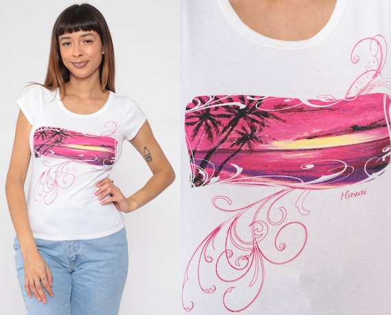 90s Hawaii T Shirt Crazy Shirts Baby Tee Palm Tree Beach Graphic Tee Retro Tropical Shirt Travel White Tight Cap Sleeve Vintage 1990s Small