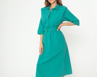 80s Teal Shirt Dress Button Front Belted Midi Structured Collar Three Quarter Sleeve Power Dressing Office Work Professional Vintage Medium
