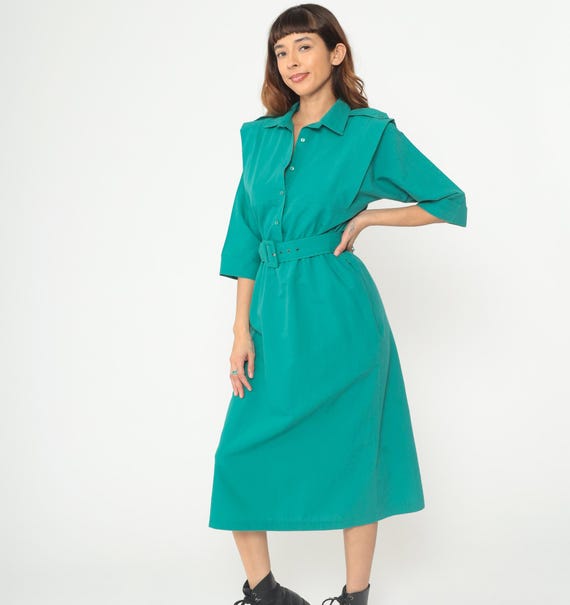 80s Teal Shirt Dress Button Front Belted Midi Structured Collar Three Quarter Sleeve Power Dressing Office Work Professional Vintage Medium