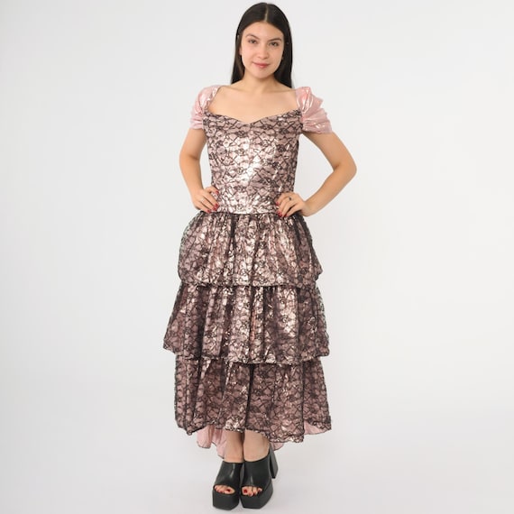 80s Pink Metallic Taffeta Gown Black Lace Party Dress Midi 1980s Formal Tiered Prom Vintage Sweetheart Neckline Puff Sleeve Cupcake Large