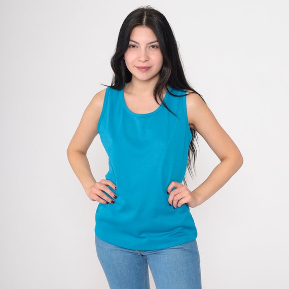 Bright Blue Tank Top 70s Sleeveless Shirt Retro Tank Top Scoop Neck Boho Blouse Vintage Plain Shirt Simple 1970s Small S