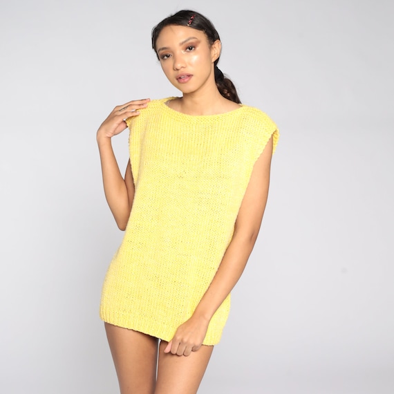 80s Knit Top Yellow Sweater Shirt Cap Short Sleeve Sweater Top Boat Neck Shirt 1980s Retro Tee Vintage Slouch Shirt Boatneck Medium