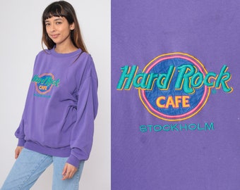 Hard Rock Cafe Sweatshirt 90s Stockholm Sweden Shirt Purple Crewneck Tourist Pullover Distressed Graphic Vintage 1990s Oversized Medium