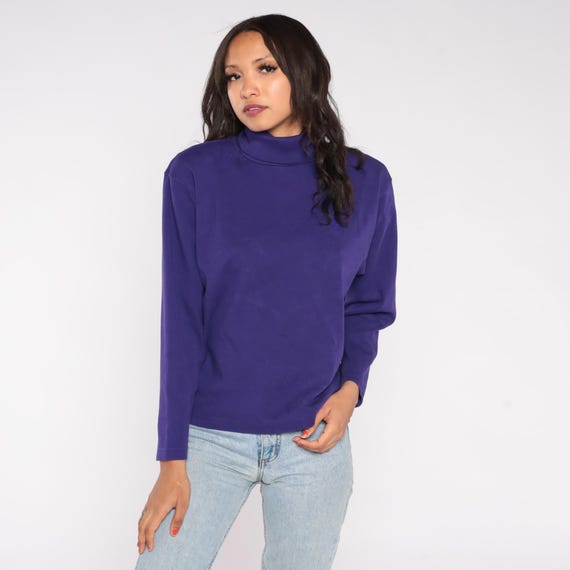 Purple Turtleneck 90s Liz Sport Violet Long Sleeve Embroidered Crest Logo Mock Neck Preppy Classic Layering Shirt Simple Elegant Large L