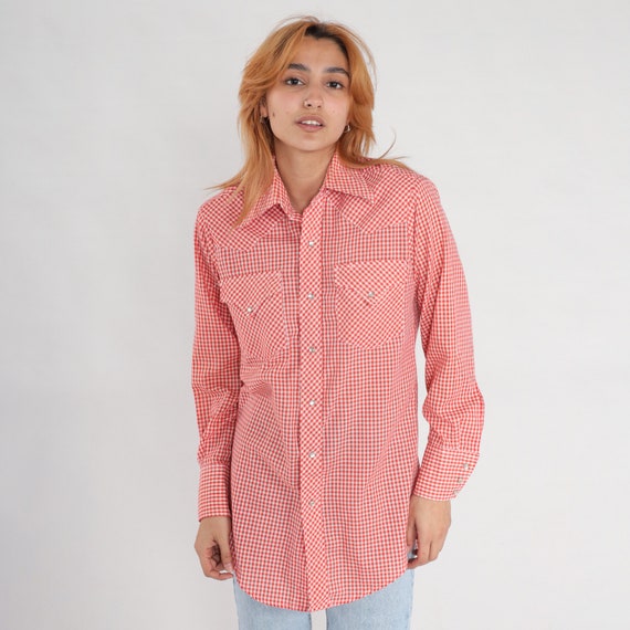 Red Gingham Shirt 70s Lee Western Pearl Snap Plaid Top Checkered Long Sleeve Button Up 1970s Plaid Hipster Vintage Small 14 1/2 x 32