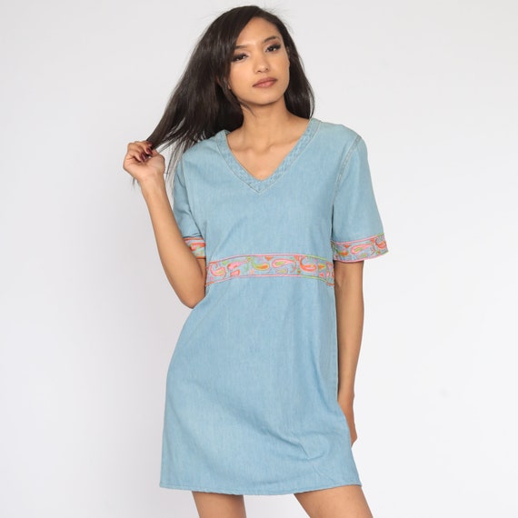 Embroidered Denim Dress 90s Paisley Embroidered D… - image 5