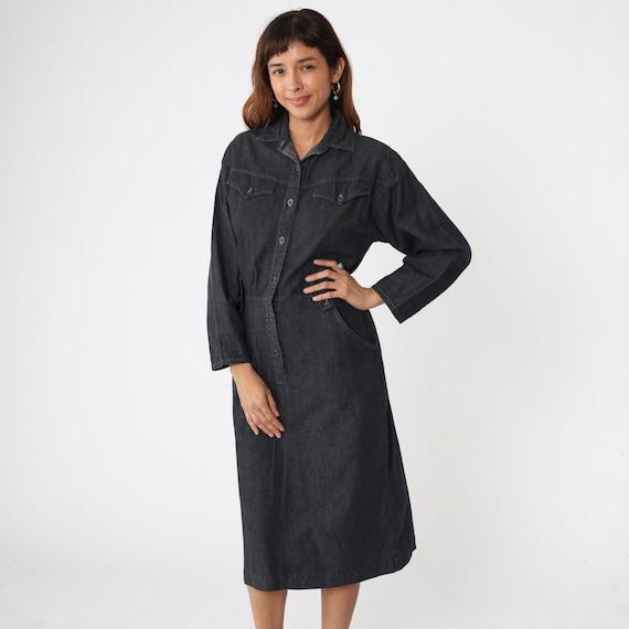 90s Denim Dress Black Jean Shirtdress Button Up Western High Waisted 1990s Midi Vintage Retro Long Sleeve Pocket Panhandle Slim Medium