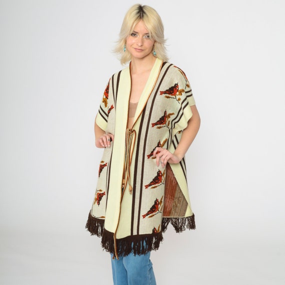 70s Bird Poncho Shawl Cream Yellow Hippie Fringe Cape Sweater Jacket Open Side Knit Bohemian Festival Vintage 1970s Small Medium Large