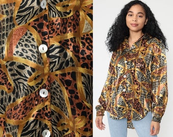 LEOPARD Print Shirt 80s Animal Print Blouse SILKY Long Sleeve Button Up Top 90s Gold Collared Vintage Hipster Shirt Collar Medium