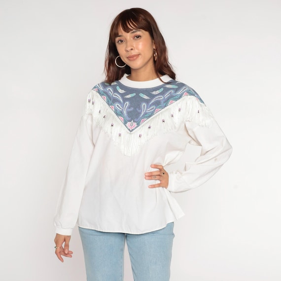 90s Southwest Fringe T Shirt White Feather Glitter Print Western Tshirt 1990s Vintage Blue Southwestern Long Sleeve Paisley Retro Tee Large