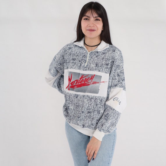 Monterey Sweatshirt 80s California Sweatshirt Retro Pullover Quarter Zip Tourist Graphic CA Navy Blue White Marble Red Vintage 1980s Large L