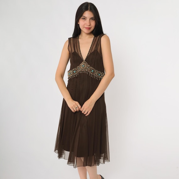 Y2K Bohemian Dress Hippie Brown Mesh Beaded Embellished Bodice Sheer Overlay Plunge Neck Sleeveless Midi Festival Party Size 8 Small Medium