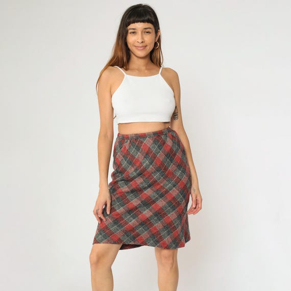 Vintage Checkered Skirt 80s Midi Red Grey Dark Academia High Waisted Check Print Straight Pencil Knee Length Secretary 1980s Extra Small xs