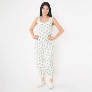 Tuta floreale vintage anni &#39;80, salopette Cottagecore blu bianco sporco, senza maniche, pantaloni harem corti con bottoni e spalle, estate, taglia extra piccola xs