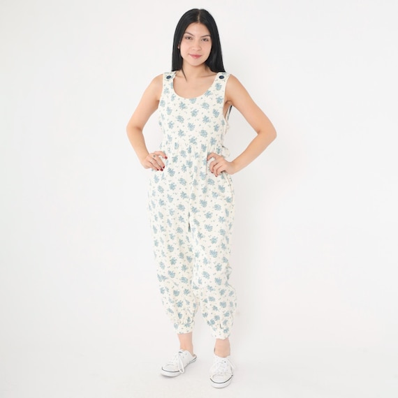 Vintage 80s Floral Jumpsuit Off-White Blue Cottagecore Overalls Sleeveless Button Shoulder Cropped Harem Pants Summer Extra Small xs