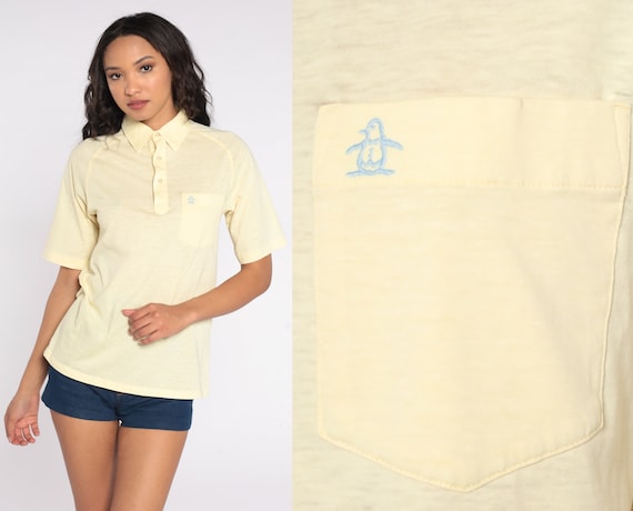 Munsingwear Polo Shirt Yellow PENGUIN Shirt 70s 80s Shirt Half Button Up Collared Pocket 1970s Short Sleeve Grand Slam Vintage Men's Small