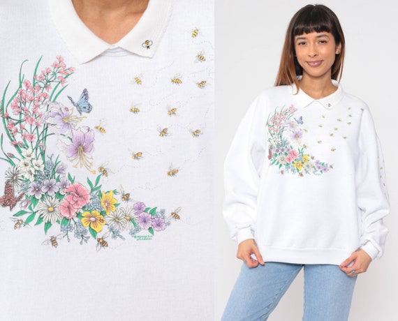 90s Honeybee Sweatshirt Floral Butterfly Sweatshirt Pullover Bee Flower Garden Graphic Collared White Retro Vintage 1990s Extra Large xl