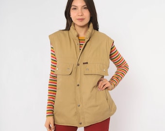 70s Puffer Vest Tan Down Filled Snap Button Front Sleeveless Jacket Khaki Cotton Argus Workwear Gorpcore Puffy Outdoor Extra Large XL