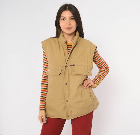 70s Puffer Vest Tan Down Filled Snap Button Front Sleeveless Jacket Khaki Cotton Argus Workwear Gorpcore Puffy Outdoor Extra Large XL