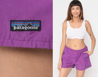 Purple Patagonia Shorts 00s Hiking Shorts Elastic Waist Hiking Shorts Sports Athletic Cotton Nylon Beach Shorts Y2K Vintage Medium