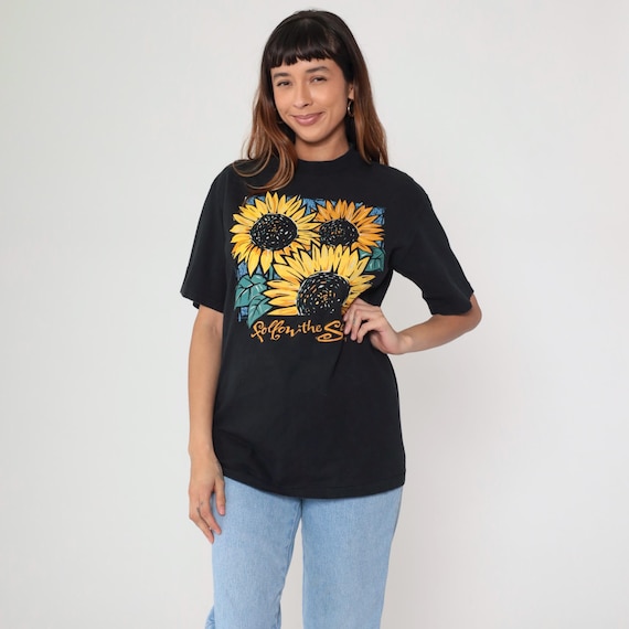 90s Christian Tshirt Black Sunflower Yellow Floral Follow The Son Jesus Religious Garden Flower Botanical Vintage Cotton Large L