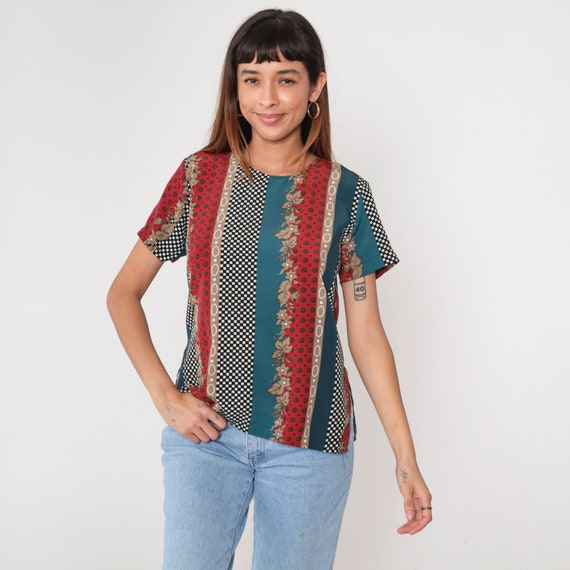 Striped Floral Shirt 90s Blouse Retro Summer Top Short Sleeve Flower Geometric Print Red Teal Taupe 1990s Vintage Small Medium