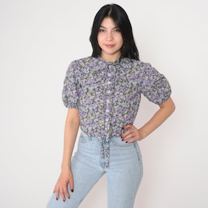 Purple Floral Crop Top 90s Puff Sleeve Blouse Necktie Bow Tie Front Button up Cropped Shirt Flower Print Cottagecore Vintage 1990s Small S