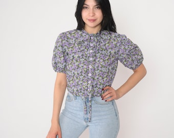 Purple Floral Crop Top 90s Puff Sleeve Blouse Necktie Bow Tie Front Button up Cropped Shirt Flower Print Cottagecore Vintage 1990s Small S