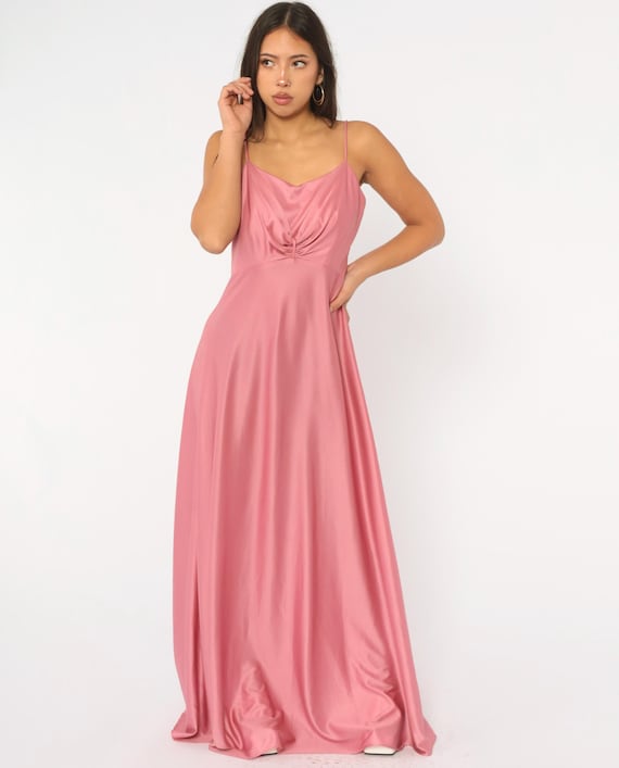 70s Pink Maxi Dress Dusty Rose Spaghetti Empire Waist A Line Sleeveless Formal Prom Bridesmaid Evening Cocktail Gown Spring Vintage Medium M
