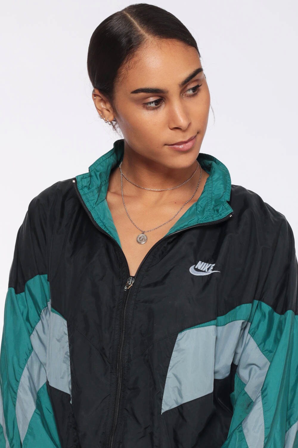 Black Nike Windbreaker Jacket 90s Shell Zip Jacket Striped Streetwear Green Color Block Vintage 