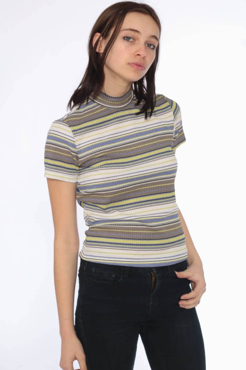 Download 90s Ribbed Striped Blouse -- 1990s Striped T Shirt 90s T Shirt Mock Neck Grunge Short Sleeve ...