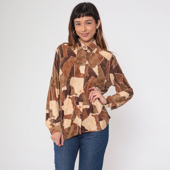 90s Patchwork Blouse Brown Abstract Button Up Shirt Long Sleeve Top Collared Bohemian Tan Vintage 1990s Stretchy Oversized Small S