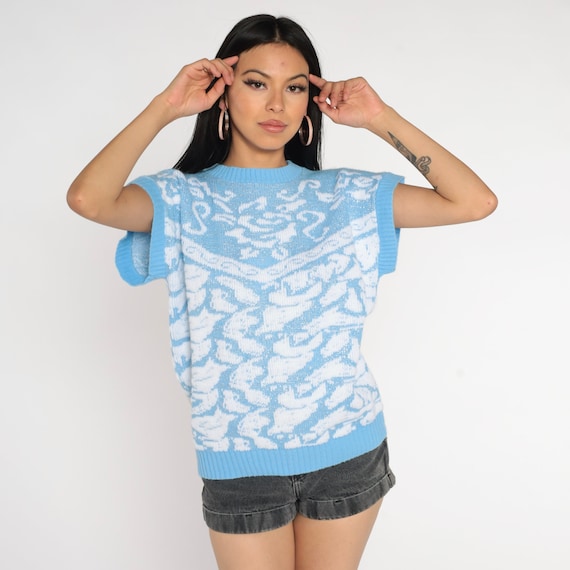 80s Floral Sweater Metallic Blue Short Sleeve Knit Top Slouchy Flower Print 1980s Vintage Cap Sleeve Retro Slouch Large L