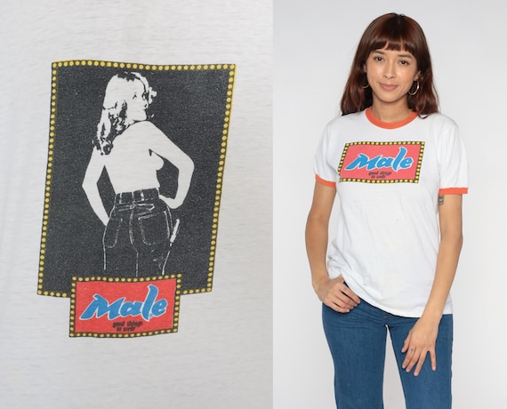 Vintage 70s Male Jeans Ringer T Shirt White Orange Trim Graphic Tee Risqué Pinup Denim Brand Advertising Promo Cotton 1970s Unisex Medium M