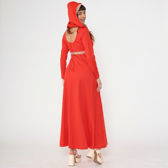 70s Red Hooded Maxi Dress Gold Sequin Empire Waist Long Sleeve Vintage 1970s Bohemian Gown Bohemian Boatneck Formal Party Cocktail Small