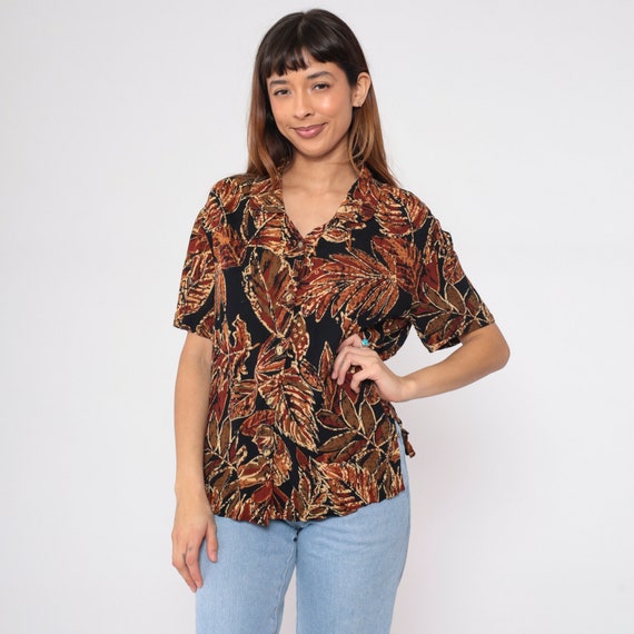 Tropical Leaf Blouse 90s Button up Shirt Black Red Green Orange Botanical Print Top Summer Short Sleeve Hippie Boho Vintage 1990s Medium M