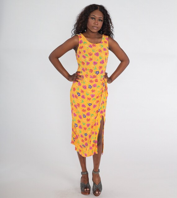 90s Flower Dress Yellow Floral Print Midi Sundress High Front Slit Wrap Skirt Hippie Sleeveless Sheath Vintage 1990s Rayon Summer Medium