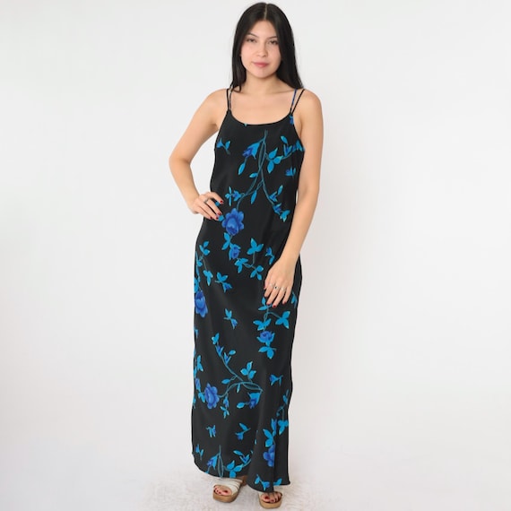 90s Floral Maxi Dress Black Strappy Criss-Cross Sundress Sun Boho Flower Print 1990s Bohemian Vintage Spaghetti Strap Summer Medium 8