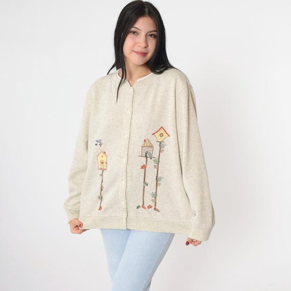 Vintage Birdhouse Cardigan Sweatshirt Heathered Cream Garden Bird Embroidered 90s Sweatshirt Button Up Long sleeve 1990s Oversized Medium
